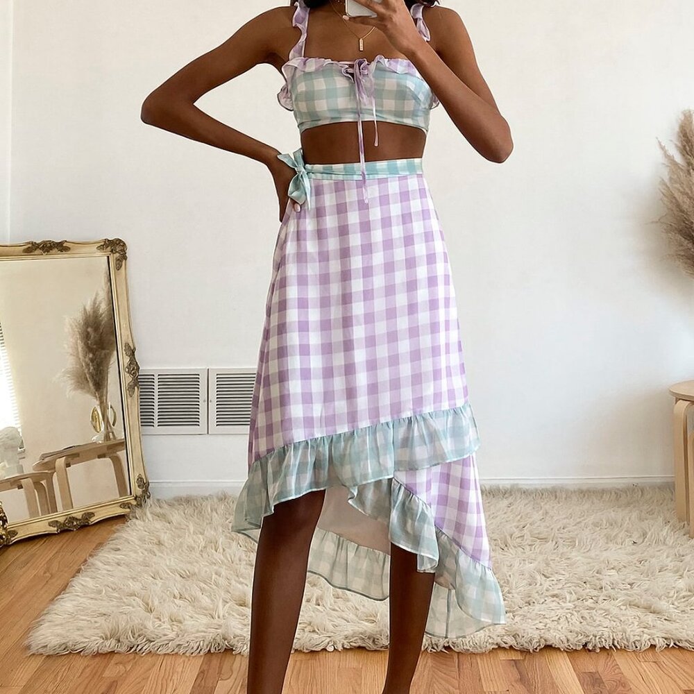 Lulu's Lavender & Mint Gingham Midi Skirt and top